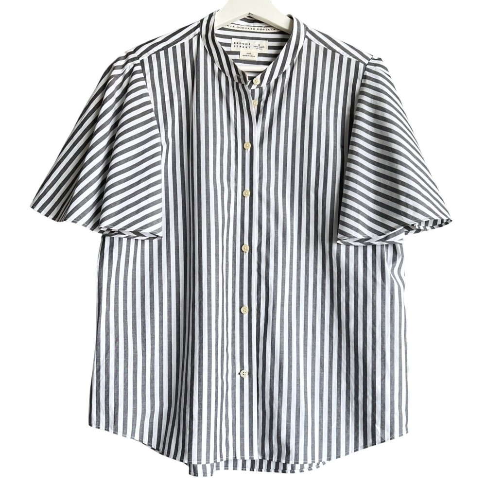 Kate Spade Broome Street Gray White Striped Flutter Sleeve Button Down Shirt L